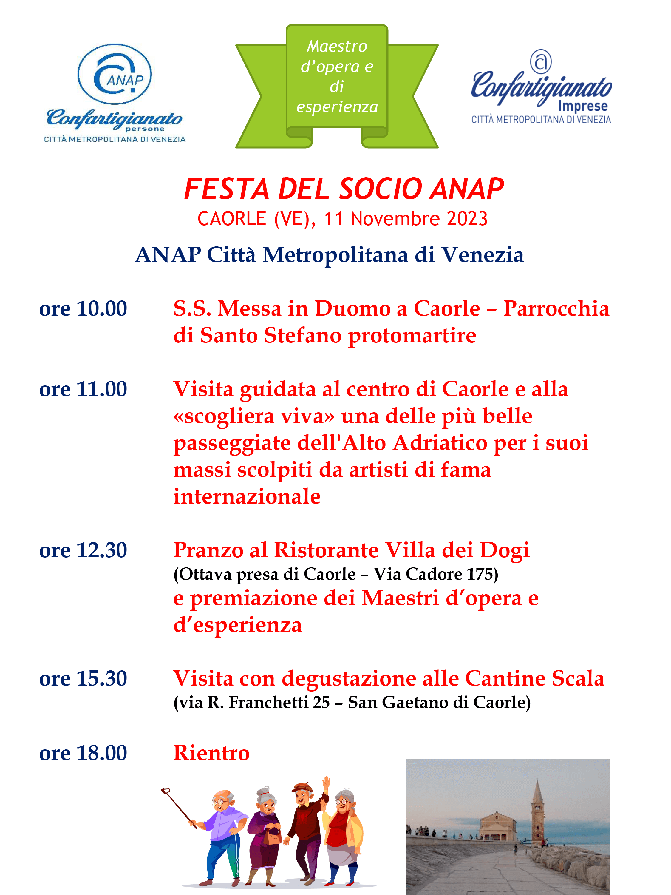 ANAP Città Metropolitana di Venezia (Associazione Nazionale Artigiani Pensionati) organizza la FESTA DEL SOCIO sabato 11 Novembre 2023 a Caorle (Ve)